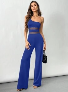 Firerie Women's Minimalist & Elegant Black Backless Waist Sheer Flare Jumpsuit - Blue - View 2