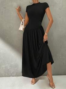 Firerie Robe midi évasée asymétrique élégante et simple pour un port quotidien, avec col montant et taille resserrée. Robe plissée casual pour femmes avec col montant, manches chauve-souris longues bicolores et coupe slim. Robe longue femme coupe en A unie, pour le printemps/été, pour un port quotidien casual.