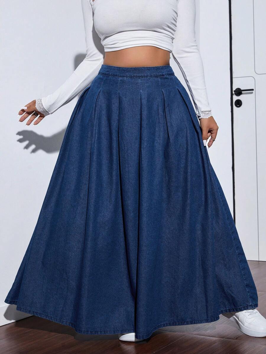 SHEIN ICON Falda de mezclilla plisada de moda informal de talla grande para verano y otoño