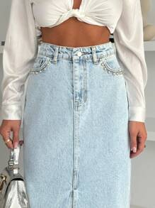 EURMUSE WOMEN DENIM MAXI SKIRT SLAH AND STUD DETAIL