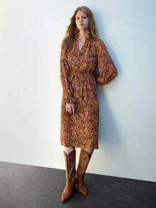 Maija Women's Autumn Long Sleeve V-Neck Floral Print Lantern Sleeve Midi Dress - Multicolor - View 8