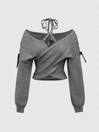 Kawaii Off-Shoulder Bow-Tie Knit Sweater For Women, Grey