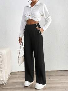 Chiquease Women's Button Decor Patch Pocket Loose Straight Casual Pants Fall Cloth For Women - Black - View 5