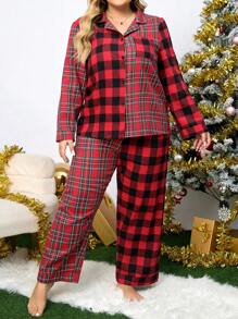 Plus Size Women's Plaid Lapel Collar Single-Breasted Long Sleeve Top And Pants Pajama Set