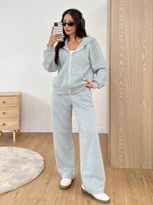 SHEIN EZwear 女士纯色落肩长袖前拉链连帽运动衫和运动裤休闲套装，春/秋 - 灰色 - 查看 4