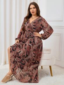 SHEIN Clasi Plus Size Retro Paisley Floral Print Waist Tie Dress,Beach Dress Sundress,Holiday Outfits Boho