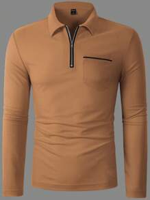 Manfinity Homme 男式纯色拼布前拉链口袋休闲 Polo 衫 - 棕色 - 查看 3