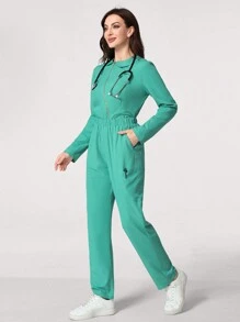 TaskEZ Bộ đồng phục gồm 2 chiếc áo và quần dài cổ tròn tay dài màu trơn có khóa kéo túi trước - màu xanh lá - Xem 4