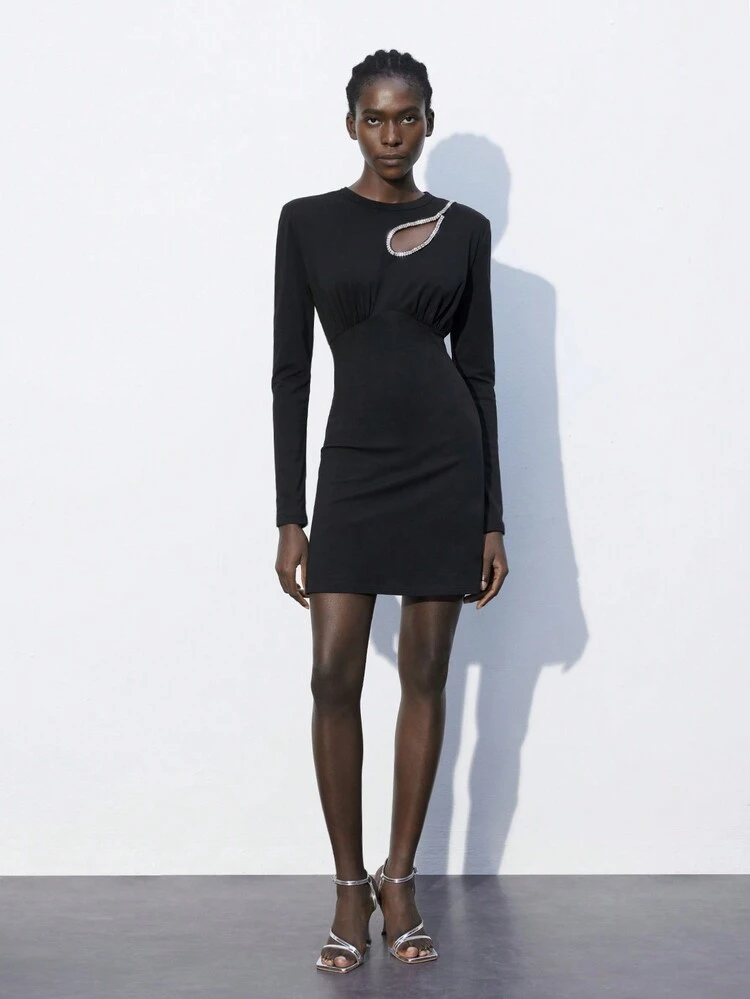 SHEIN Maija Women's Rhinestone Decor Pleated Round Neck Long Sleeve Urban Elegant Knit Short Dress, Versatile Romantic, Fashion, Versatile; Suitable For Summer Vacation, Comfortable, Bohemian Style, Beach Wear, Swimsuit Cover-Up, Stylish, Elegant, Casual, , Simple Daily Wear, Country Style, Essential, Solid Color, Holiday Casual, Decent, Single Lady, Ideal For Vacation Elegant Fashion Business Casual Woman Going Out Tops Graduation Outfit European Summer Hawaii Outfits Women Summer Dresses For Women Streetwear Women Stockholm Style Teacher Outfits For Women