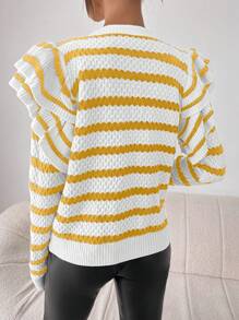 Chiquease Crew Neck Striped Casual Long Sleeve Sweater, Knit Pullover Fall Winter - Multicolor - View 2