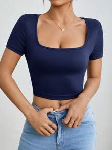 SHEIN PETITE 3pcs/Set Women Summer Casual Square Neck Short Sleeve Slim Fit T-Shirts, Simple Black White Grey Design
