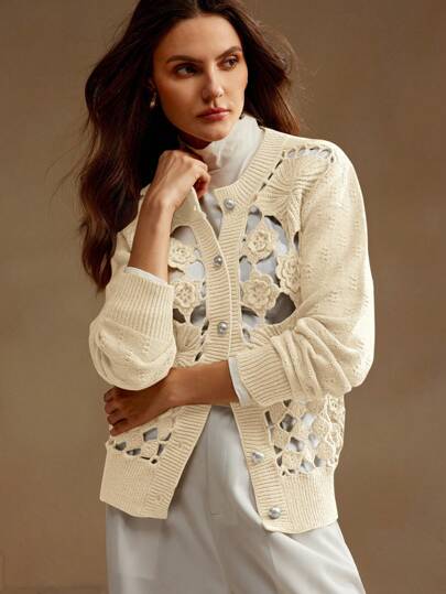 Anewsta 女士春秋长袖双层手工钩针镂空花卉针织开衫