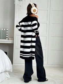 SHEIN EZwear 女士黑白条纹开衫毛衣，长袖，休闲，秋冬