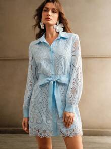 Anewsta 灯笼袖翻领蕾丝镂空收腰优雅连衣裙 - 藍色 - 查看 6