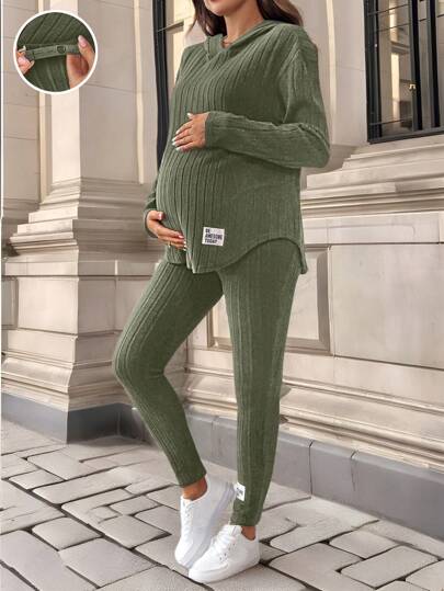 SHEIN 2pcs Maternity Casual Solid Color Hoodie And Pants Set, Autumn