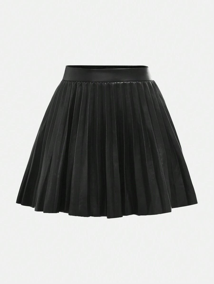 SHEIN Girlism Tween Girls 优雅 PU 皮革褶皱黑色裙子，适合圣诞派对和日常穿着，返校风格