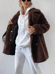 EMERY ROSE 毛绒绒翻领中长款大衣 蓬松保暖冬季外套夹克 - 棕色 - 查看 6