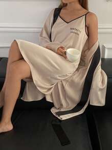 DAZY Contrast Color Satin Letter Print Slip Dress & Robe Pajama Set - Khaki - View 4