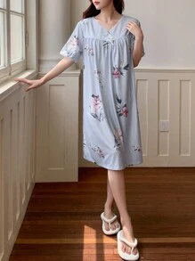 DAZY Floral Print Lace Trim V-Neck Nightgown Pajama - Blue - View 6