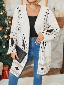 Plus Size Women's Geometric Pattern Long Sleeve Open Front Mid-Length Cardigan, Fall/Winter - Multicolor - View 3