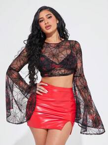 SHEIN SXY Women's Spider Web Print Sheer Long Sleeve Crew Neck Top - Red and Black - View 1