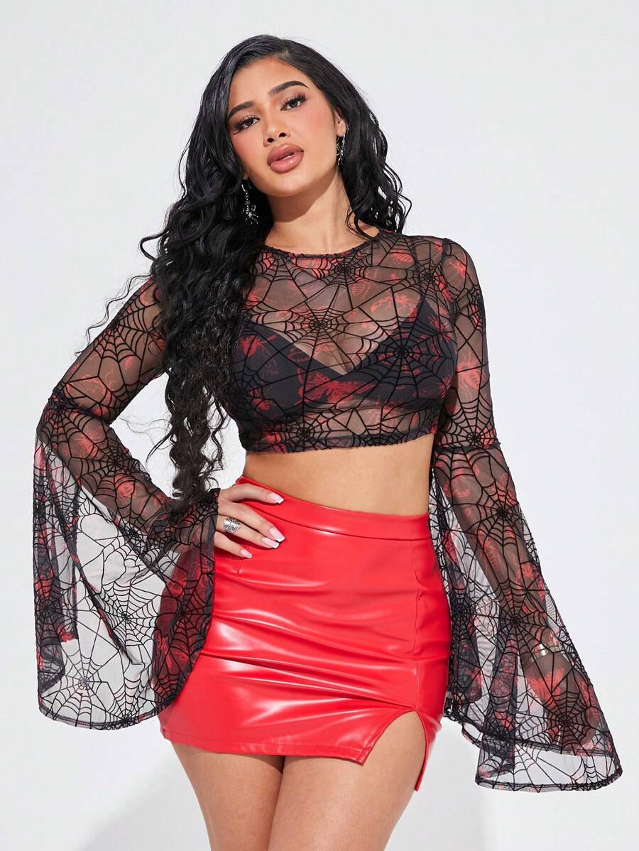 SHEIN SXY Women's Spider Web Print Sheer Long Sleeve Crew Neck Top - Red and Black - View 1
