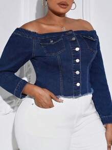 SHEIN CURVE+ Blusa vaquera de manga larga con hombros descubiertos, de un solo pecho, con parche y flecos, para mujer talla grande, para primavera y verano - Azul lavado oscuro - Ver 6