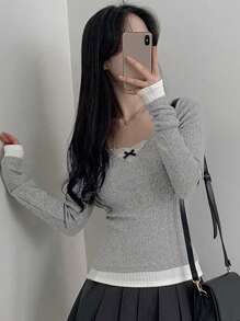 DAZY 女式 V 领蕾丝蝴蝶结拼接拼色 T 恤学院风上衣长袖女式上衣，秋季女装