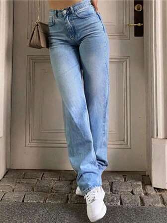 SHEIN Privé 女式前扣口袋休闲修身直筒牛仔裤，无弹性