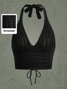 ROMWE Summer Crochet Beach Holiday Solid Knit Lace Up Halter Top - Black - View 1