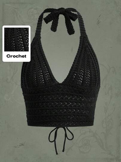 Summer Crochet Beach Holiday Solid Knit Lace Up Halter Top