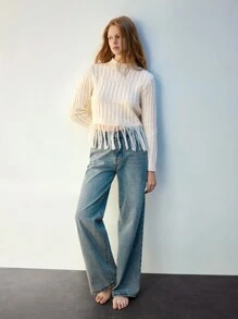 SHEIN Maija 女士休闲立领流苏下摆麻花针织毛衣秋冬季 - 白色 - 查看 7