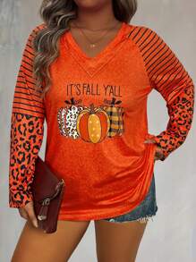 SHEIN LUNE Plus Size Women Slogan & Pumpkin Printed Long Sleeve Casual T-Shirt, Spring Autumn Fall Top