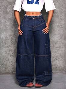 SHEIN ICON Quần Jeans Ống Rộng Rộng Rãi Thường Ngày Có Túi Cho Nữ - Màu xanh lam - Xem 5