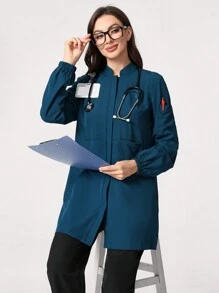 TaskEZ 纯色长袖单排扣口袋宽松长款护士制服手术服外套蓝色外套蓝色夹克 - 藍色 - 查看 4