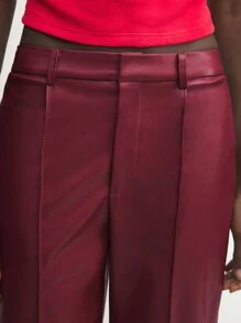BizChic 女士纯色 PU 皮裤，带口袋，优雅直筒裤，秋冬季，适合圣诞节 - 酒紅色 - 查看 8