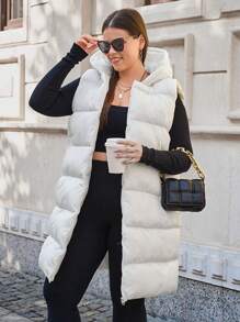 RueChic Plus Zip Up Hooded Puffer Vest Coat - Beige - View 1