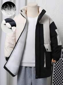 SHEIN 男童休闲百搭运动黑白撞色户外工装夹克，可拆卸连帽，前拉链，适合冬季、日常、学校、保暖、防风、街头服饰 - 白色 - 查看 3