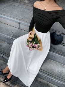 Chiquease Women's Solid Color Off Shoulder Long Sleeve Pleated Casual Dress