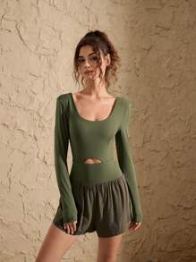 VARSITIE 大圆领长袖镂空拼接女士户外连体衣 - 軍綠色 - 查看 3