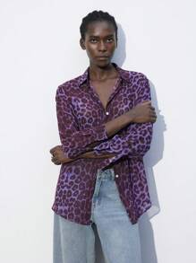 Maija 女式春夏宽松蝙蝠袖豹纹休闲衬衫 - 紫色 - 查看 6