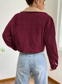 SHEIN EZwear 女士卡其色羊毛卡车司机前口袋厚翻盖细节保暖衬里落肩泰迪衬里冬季柔软灯芯绒短款夹克 - 酒紅色 - 查看 2