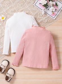 SHEIN Conjunto de 2 piezas para niña joven, compra 1 lleva 1 gratis, top de manga larga con cuello alto y volantes en olas de unicolor, adecuado para uso casual, diario y escolar, estilo universitario, vuelta al colegio, fiesta, para otoño e invierno