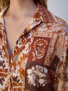 Maija Bluzka z nadrukiem kwiatowym w stylu boho, z długimi rękawami i opadającymi ramionami, luźna, swobodna, damska, na wiosnę/lato - Wielokolorowe - Zobacz 6