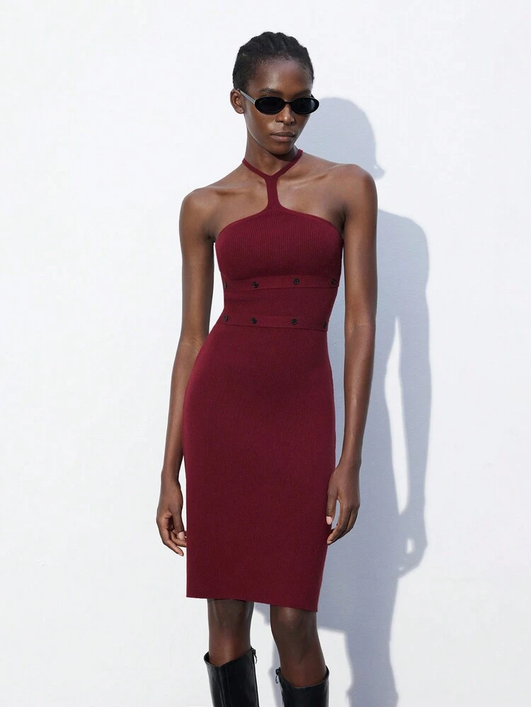 SHEIN Maija Women's Autumn Knitted Wine Red Solid Turtleneck Fitted Elegant Sweater Dress