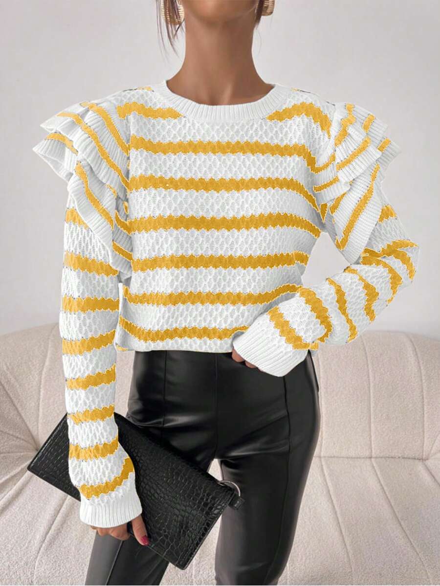 Chiquease Crew Neck Striped Casual Long Sleeve Sweater, Knit Pullover Fall Winter - Multicolor - View 1