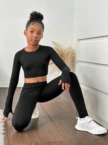 SHEIN 2 piezas/Conjunto Parte superior de manga larga con abertura en la espalda y leggings Conjunto de ropa deportiva para niñas preadolescentes