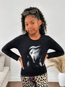 SHEIN Tween Girls' Fitted Casual Long Sleeve T-Shirt With Blurry Skull Pattern And Round Neckline