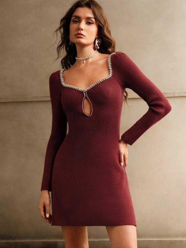 Women's Elegant Crystal Decor V-Neck Hollow Out Short Dress Burgundy Color Women Outfit