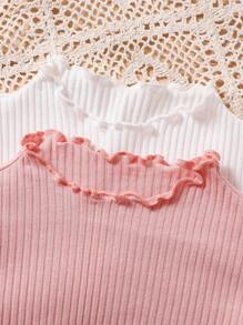 SHEIN Conjunto de 2 piezas para niña joven, compra 1 lleva 1 gratis, top de manga larga con cuello alto y volantes en olas de unicolor, adecuado para uso casual, diario y escolar, estilo universitario, vuelta al colegio, fiesta, para otoño e invierno